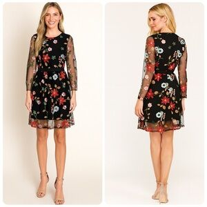 Black Long Sleeve Mesh Overlay Colorful Floral Embroidered A-Line Dress Size M